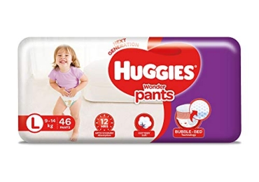 Huggies Wonder Pants Large (L) Size Baby Diaper Pants, (9 – 14 Kgs), (46 Pieces) with Bubble Bed Technology for comfort